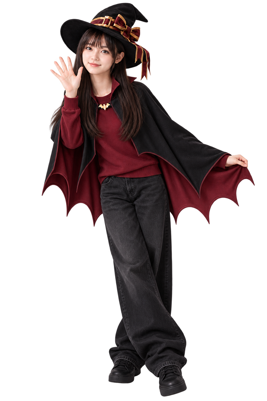 Alyssa smiling and waving in her Halloween witch outfit