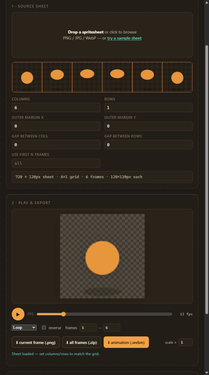 Screenshot of Frame Table showing a sliced sample spritesheet and animation preview