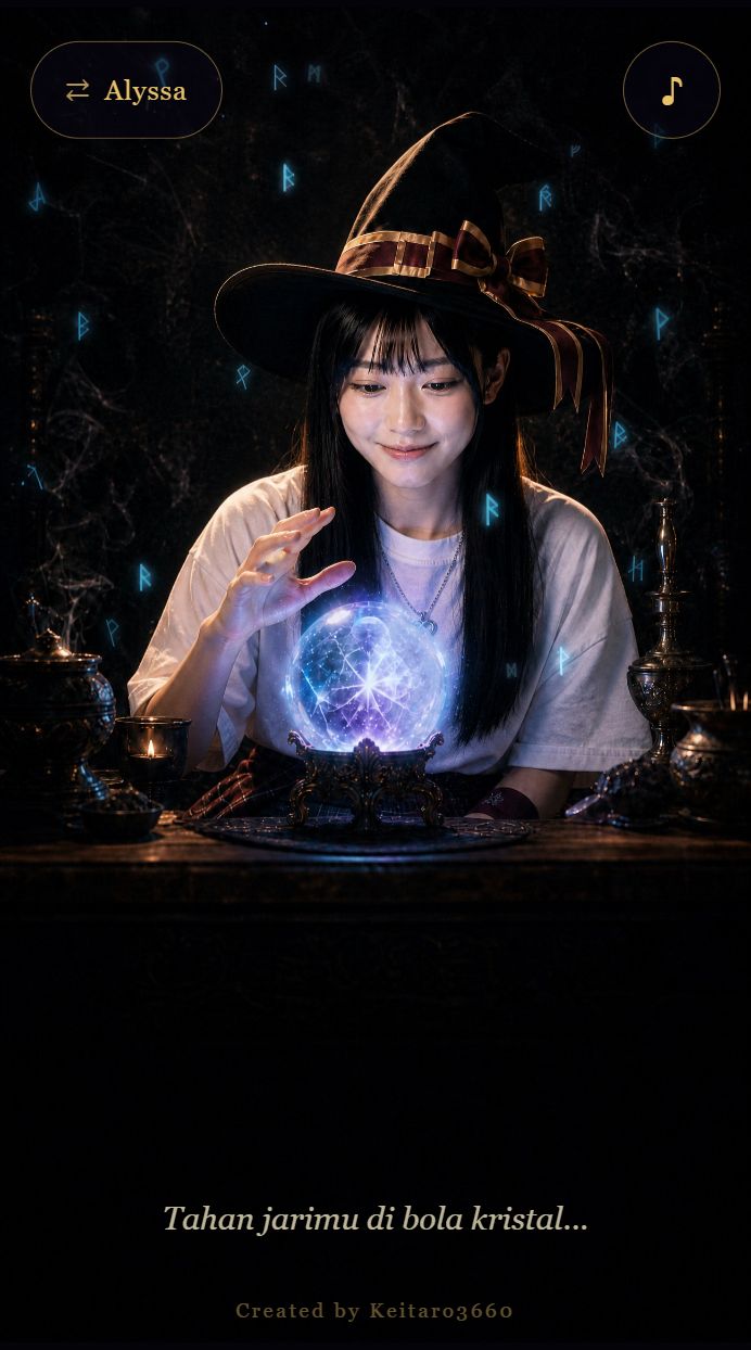 Screenshot of Ramalan Kristal with Alyssa and a glowing crystal ball
