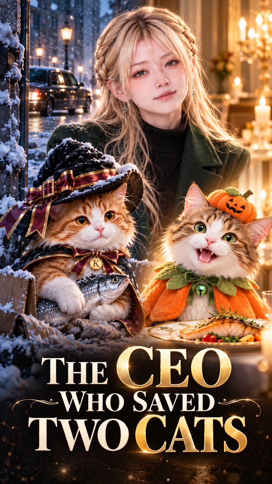 The CEO Who Saved Two Cats thumbnail featuring a woman, Kiki and Coco in a snowy setting