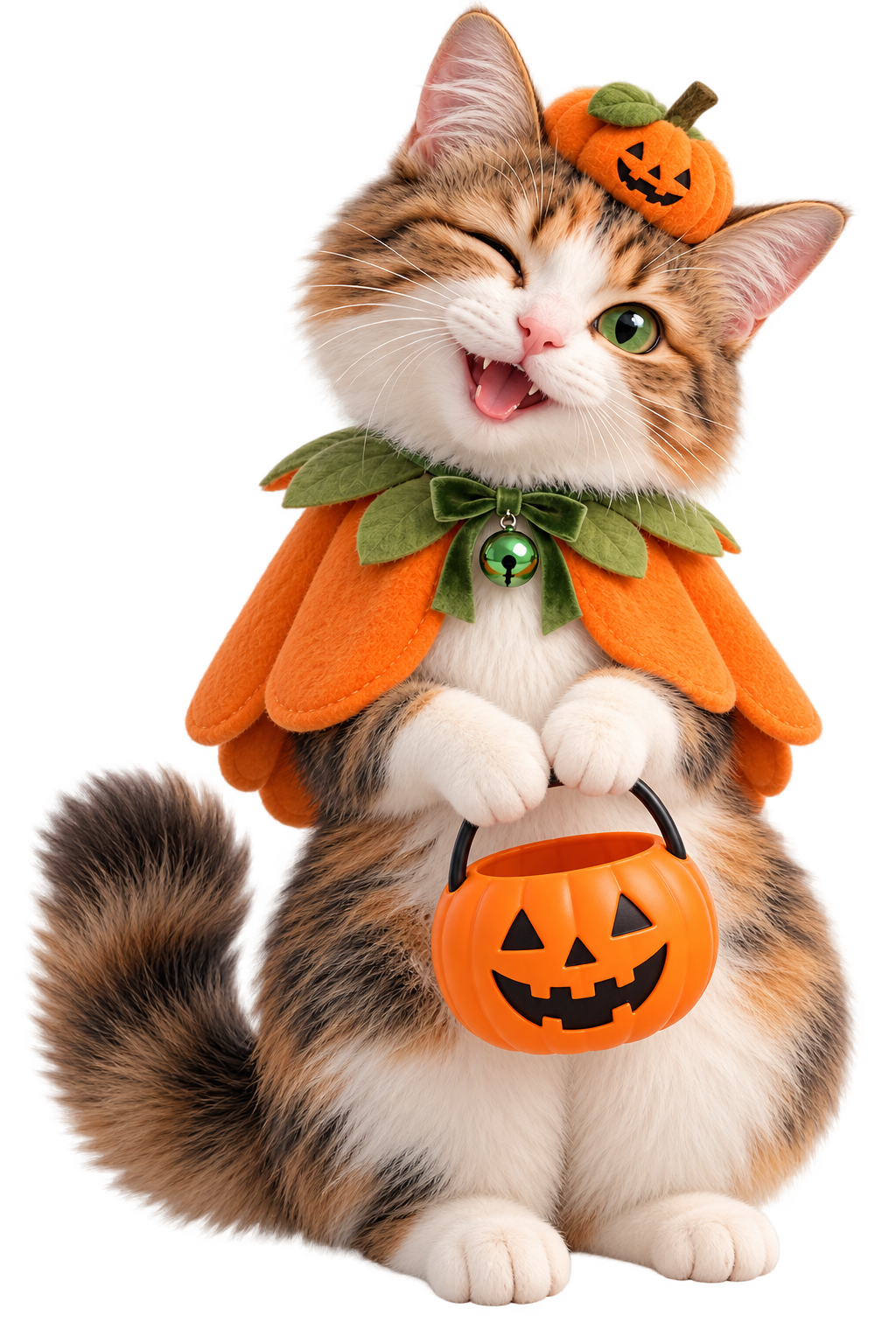 Coco wearing a pumpkin cape and holding a candy bucket