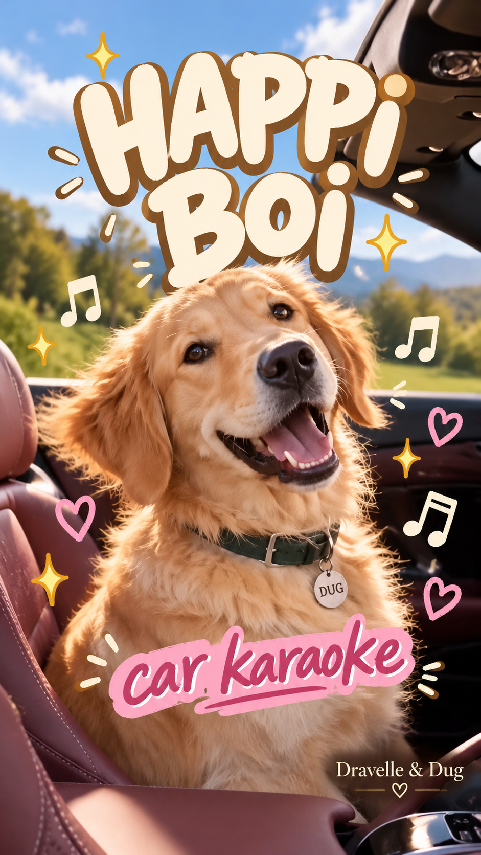Happi Boi car karaoke poster featuring Dug with playful lettering, hearts and music notes