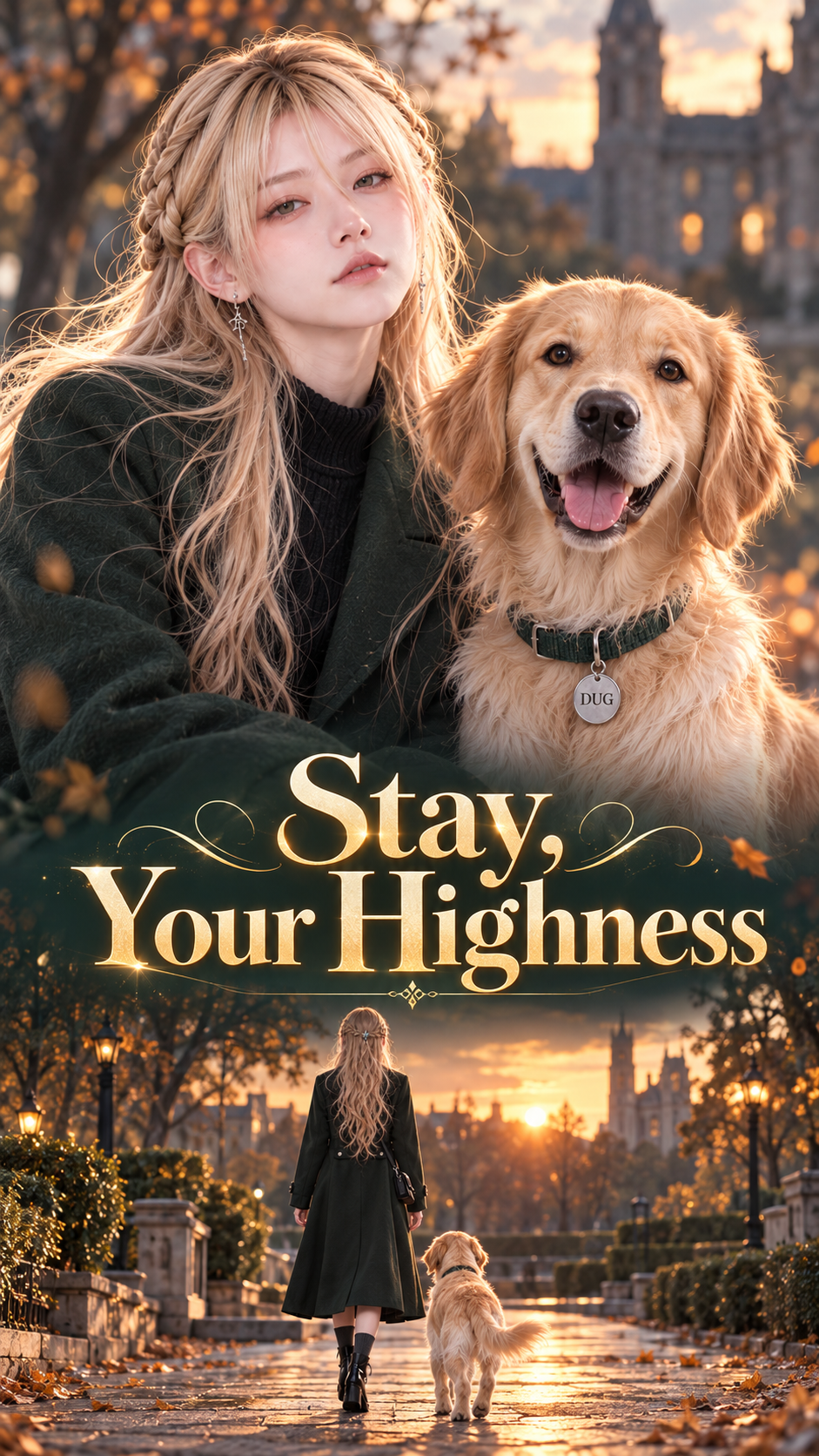 Stay, Your Highness poster featuring a woman and Dug the golden retriever at a castle at sunset
